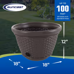 Suncast Plastic Wicker Outdoor Garden Hose Storage Holder Hideaway Pot for 100 Foot Long Hoses with 4 Drain Holes for Porch or Garden  Java