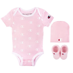 Champion Unisex Baby 3-PC Box Set Includes an Infant Body Suit  a Bib Or Hat & Pair of Booties in Colors and Size 0-6M  All Over C-Pink 682  0-6