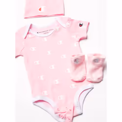 Champion Unisex Baby 3-PC Box Set Includes an Infant Body Suit  a Bib Or Hat & Pair of Booties in Colors and Size 0-6M  All Over C-Pink 682  0-6