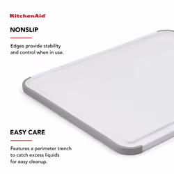 KitchenAid Classic Plastic Cutting Board with Perimeter Trench and Non Slip Edges  Dishwasher Safe  11 inch x 14 inch  White and Gray