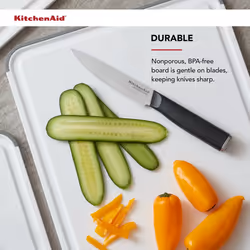KitchenAid Classic Plastic Cutting Board with Perimeter Trench and Non Slip Edges  Dishwasher Safe  11 inch x 14 inch  White and Gray