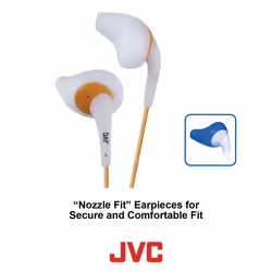 JVC White and Orange Nozzel Secure Comfort Fit Sweat Proof Gumy Sport Earbuds with long colored cord HA-ENR15W