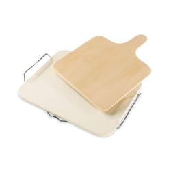 Leifheit Large Square Ceramic Pizza Stone with Carrying Tray and Wooden Spatula  Gray