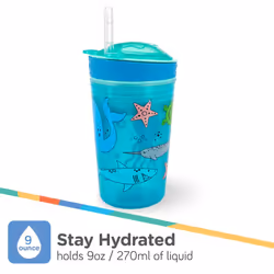Nuby All in One Snack Bowl and No Spill Soft Straw Cup - 1 Pack Multicolor Snack N' Sip - Holds: 4.5 oz Container with Lid and 9 oz/ 270 ml Straw Cup
