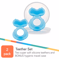 Nuby Soft Silicone Teether with Massaging Bristles | 2 Pack: Blue | 3m + | Travel Case Included