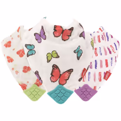 Nuby Reversible 100% Natural Cotton Muslin 3 Piece Teething Bib  Pink  Aqua  Purple  Flower  Butterfly  Stripes  Girl  3 Coun ...