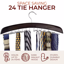 Richards Wooden Tie Rack Hanging Organizer for Mens Closet Accessories  Space Saving Necktie Holder for Storage and Display  Holds 24 Ties  Hook  Waln