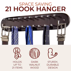 Richards Homewares Tie Rack Wall Mounted - Wood Belt Scarf Hanger with 21 Chrome Hooks for Closet for Storage and Organization Walnut