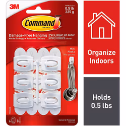 Command Mini Hooks-White 6 Hooks & 8 Strips