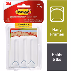 Command Large Wire-Backed Picture Hangers-White 3 Hooks & 6 Strips