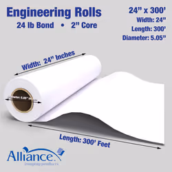 Alliance Wide Format Paper 24  x 300 CAD Rolls 92 Bright  24lb - 2 Rol