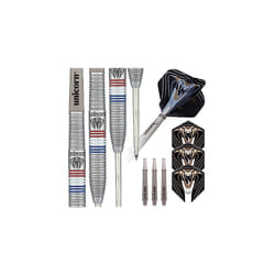 Steel Tip Darts Set | Jeffrey 'The Black Cobra' de Zwaan Maestro Phase 2 | 90% Natural Tungsten Barrels with Red, White & Blue Accents | 23 g