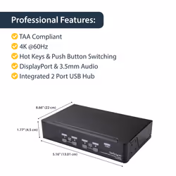 StarTech.com 4 Port DisplayPort KVM Switch - 4K 60Hz - Single Display - Dual Port UHD DP 1.2 USB KVM Switch with Integrated USB 2.0 Hub & Audio - Dell, HP, Apple, Lenovo - TAA Compliant - Additional view 7