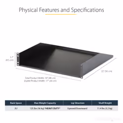 StarTech.com 2U Server Rack Shelf - Universal Rack Mount Cantilever Shelf for 19" Network Equipment Rack & Cabinet - Heavy Duty Steel – Weight Capacity 125lb/56kg - 18" Deep Tray, Black - Additional view 7