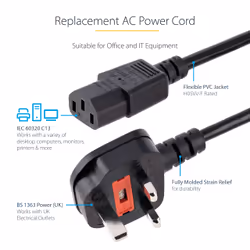 StarTech.com 10ft (3m) UK Computer Power Cable, 18AWG, BS 1363 to C13, 10A 250V, Black Replacement AC Power Cord, Kettle Lead / UK Power Cord, PC Power Supply Cable, TV/Monitor Power Cable - Additional view 6