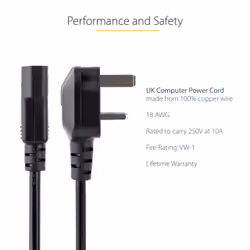 StarTech.com 10ft (3m) UK Computer Power Cable, 18AWG, BS 1363 to C13, 10A 250V, Black Replacement AC Power Cord, Kettle Lead / UK Power Cord, PC Power Supply Cable, TV/Monitor Power Cable - Additional view 7