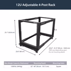 StarTech.com 4-Post 12U Mobile Open Frame Server Rack, Four Post 19" Network Rack with Wheels, Rolling Rack with Adjustable Depth for Computer/AV/Data/IT Equipment - Casters, Leveling Feet or Floor Mounting - Additional view 8