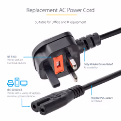 StarTech.com 3ft (1m) UK Laptop Power Cable, BS 1363 to C7, 2.5A 250V, 18AWG, Black, UK Laptop Replacement Cord, Printer Power Cable, AC Laptop Charger Cord, Laptop Power Brick Cord - Additional view 5
