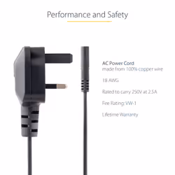 StarTech.com 3ft (1m) UK Laptop Power Cable, BS 1363 to C7, 2.5A 250V, 18AWG, Black, UK Laptop Replacement Cord, Printer Power Cable, AC Laptop Charger Cord, Laptop Power Brick Cord - Additional view 6