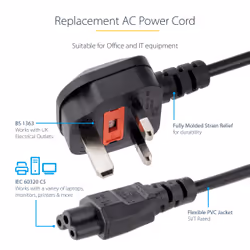 StarTech.com 6ft (2m) UK Laptop Power Cable, BS 1363 to C5 (Clover Leaf), 2.5A 250V, 18AWG, UK Laptop Replacement Cord, Printer Power Cable, Laptop Charger Cord, Laptop Power Brick Cord - Additional view 6