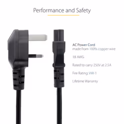StarTech.com 6ft (2m) UK Laptop Power Cable, BS 1363 to C5 (Clover Leaf), 2.5A 250V, 18AWG, UK Laptop Replacement Cord, Printer Power Cable, Laptop Charger Cord, Laptop Power Brick Cord - Additional view 7