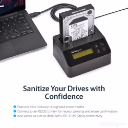 StarTech.com Single Bay Hard Drive Eraser, Standalone HDD/SSD Sanitizer, USB 3.0 to SATA II (3 Gbps), 9 Erase Modes, LCD Display, Secure Erase Hard Disk Sanitizer Dock, DB-9 Printer Port, TAA Compliant - Additional view 4
