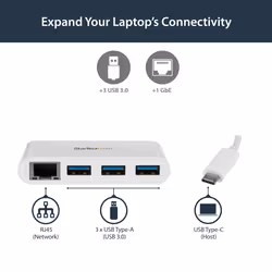 StarTech.com 3-Port USB-C Hub with Gigabit Ethernet - USB-C to 3x USB-A - USB 3.0 Hub - White~3-Port USB-C Hub with Gigabit Ethernet - USB-C to 3x USB-A - USB 3.0 Hub - 5Gbps - White - Additional view 5