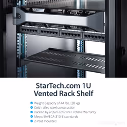 StarTech.com 1U Server Rack Shelf - Universal Vented Rack Mount Cantilever Tray for 19" Network Equipment Rack & Cabinet - Heavy Duty Steel - Weight Capacity 44lb/20kg - 10" Deep Shelf, Black - Additional view 5
