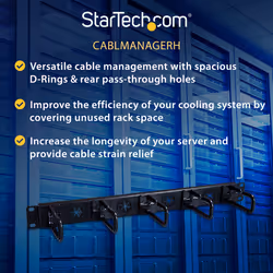 StarTech.com 1U 19" Cable Management Organizer - D Ring Hook Network/Server Rack Cord Manager - Data Center Horizontal Wire Panel with Passthrough Holes w/Mounting HW - EIA/ECA-310-E - Additional view 6