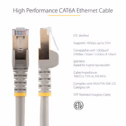 StarTech.com 1m CAT6a Ethernet Cable - 10 Gigabit Shielded Snagless RJ45 100W PoE Patch Cord - 10GbE STP Network Cable w/Strain Relief - Grey Fluke Tested/Wiring is UL Certified/TIA - Additional view 5