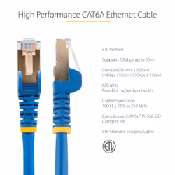 StarTech.com 0.50m CAT6a Ethernet Cable - 10 Gigabit Shielded Snagless RJ45 100W PoE Patch Cord - 10GbE STP Network Cable w/Strain Relief - Blue Fluke Tested/Wiring is UL Certified/TIA - Additional view 5