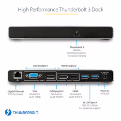 StarTech.com Thunderbolt 3 Dock - Dual 4K 60Hz Monitor TB3 Laptop Docking Station with DisplayPort, HDMI & 1080p VGA - 85W Power Delivery & Charging - 2x USB-A, Ethernet - Mac & Windows - Additional view 8