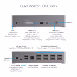 StarTech.com USB C Dock - 4K 60Hz Quad Monitor DisplayPort & HDMI - Universal USB-C Docking Station with 100W Power Delivery - USB Hub with 1x USB Type-C & 3x USB-A, Ethernet, Audio - Additional view 8