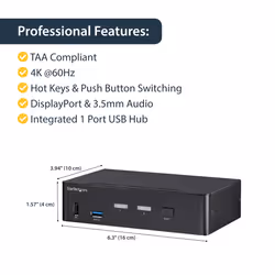 StarTech.com 2 Port DisplayPort KVM Switch - 4K 60Hz - Single Display - Dual Port UHD DP 1.2 USB KVM Switch with Integrated USB 3.0 Hub & Audio - Dell HP Apple Lenovo - TAA Compliant - Additional view 8