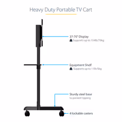 StarTech.com Mobile TV Cart - Portable Rolling TV Stand for 37-70" VESA Display (154lb/70kg) - TV Stand w/Shelf & Storage Compartment - Rotate/Tilt Display - Universal TV Mount on Wheels - Additional view 8