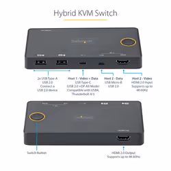 StarTech.com 2 Port Hybrid USB-A + HDMI & USB-C KVM Switch - Single 4K 60Hz HDMI 2.0 Monitor - Compact Desktop and/or Laptop HDMI KVM Switch - USB Bus Powered - Thunderbolt 3 Compatible - Additional view 8
