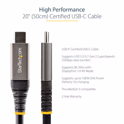 StarTech.com 20" (50cm) USB C Cable 10Gbps - USB 3.1 Type-C Cable - 100W (5A) Power Delivery Charging, DP Alt Mode - USB-C Cord for USB-C Laptop/Phone/Device - Charge/Sync - Additional view 8