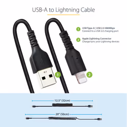 StarTech.com 50cm (20in) USB to Lightning Cable, MFi Certified, Coiled iPhone Charger Cable, Black, Durable TPE Jacket Aramid Fiber, Heavy Duty Coil Lightning Cable - Additional view 8