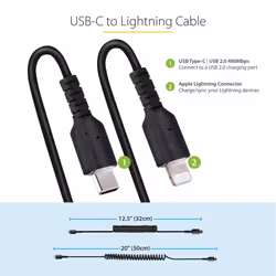 StarTech.com 20in / 50cm USB C to Lightning Cable, MFi Certified, Coiled iPhone Charger Cable, Black, Durable TPE Jacket Aramid Fiber, Heavy Duty Coil Lightning Cable - Additional view 8