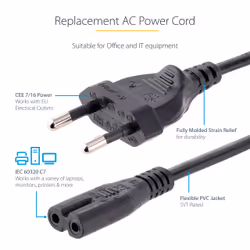 StarTech.com 2m (6ft) Laptop Power Cord, EU Plug to C7, 2.5A 250V, 18AWG, Laptop Replacement Cord, Printer Power Cable, Laptop Charger Cord, Laptop Power Brick Cord - Additional view 6