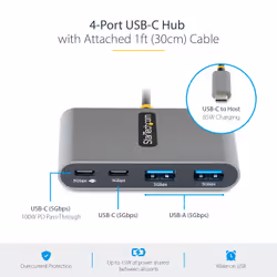 StarTech.com 4-Port USB-C Hub with 100W Power Delivery Pass-Through - 2x USB-A + 2x USB-C - USB 3.0 5Gbps - 1ft (30cm) Long Cable - Portable USB Type-C to USB-A/C Hub - Additional view 7