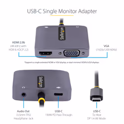 StarTech.com USB C Video Adapter, USB C to HDMI VGA Multiport Adapter, 3.5mm Audio, 4K 60Hz HDR, 100W PD Pass-Through, Thunderbolt 3/4 Compatible - USB C Display Travel Adapter - Additional view 8