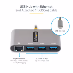 StarTech.com 3-Port USB-C Hub with Ethernet - 3x USB-A - Gigabit Ethernet - USB 3.0 5Gbps - Bus-Powered - 1ft/30cm Long USB Type-C Host Cable - GbE - Portable USB-C to USB-A Hub - Additional view 7