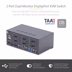 StarTech.com 2-Port Dual-Monitor DisplayPort KVM Switch, 4K 60Hz, 2x USB 5Gbps Hub Ports, 2x USB 2.0 HID Ports, Hotkey and Push-Button Switching, TAA Compliant - ESD Level 3 Protection - Additional view 5