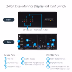 StarTech.com 2-Port Dual-Monitor DisplayPort KVM Switch, 4K 60Hz, 2x USB 5Gbps Hub Ports, 2x USB 2.0 HID Ports, Hotkey and Push-Button Switching, TAA Compliant - ESD Level 3 Protection - Additional view 6