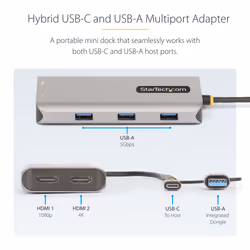 StarTech.com USB-C Multiport Adapter w/Attached USB-C to USB-A Dongle, Dual HDMI (4K30Hz/1080p60Hz), 3x USB-A 5Gbps, Mini Travel Dock, Laptop Docking Station, 1.3ft/40cm Cable - Additional view 4