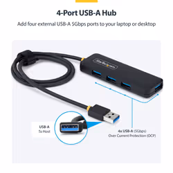 StarTech.com 4-Port USB-A Hub, 5Gbps, Bus Powered, USB-A to 4x USB-A Mini Hub, Extra Long 2ft/61cm Host Cable, PCR Plastic, Portable Desktop / Laptop USB Hub - Additional view 3