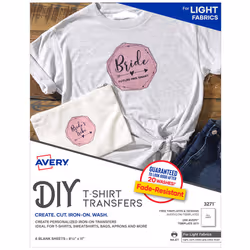 Avery Printable Heat Transfer Paper for Light Fabrics 8.5"""" x 11"""" Inkjet Printer 6 Iron On Transfers (3271)