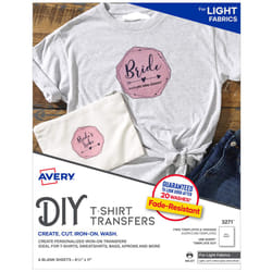 Avery Printable Heat Transfer Paper for Light Fabrics  8.5"""" x 11""""  Inkjet Printer  6 Iron On Transfers (3271)