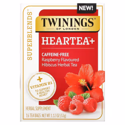 Twinings, Heartea+ Hibiscus Herbal Tea, Raspberry, Caffeine Free, 16 Tea Bags, 1.12 oz (32 g)